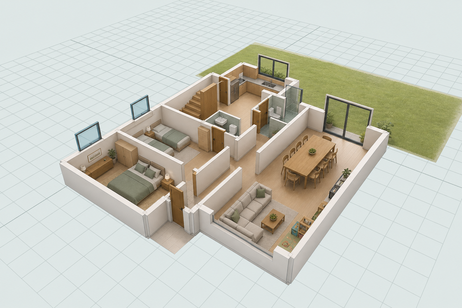 Furnished axonometric renovation visualisation of the ground floor