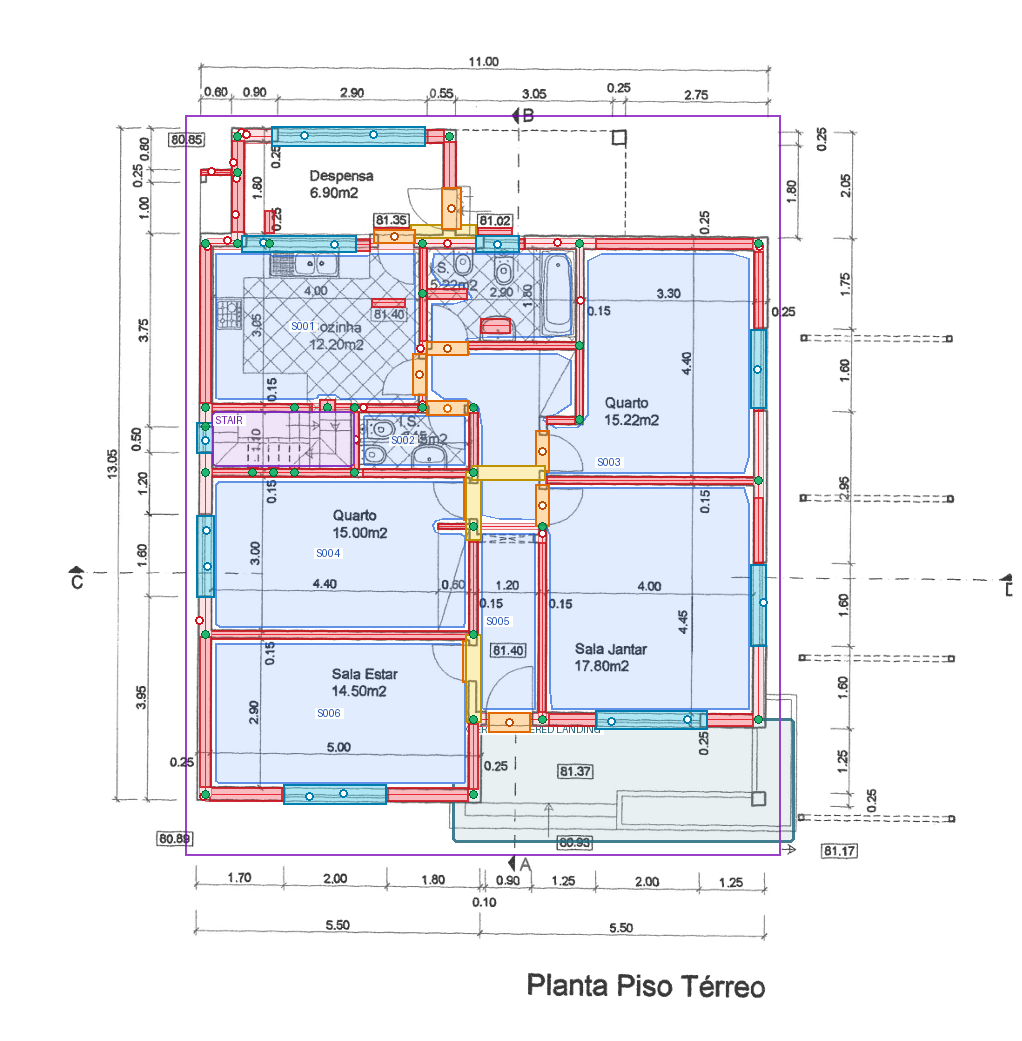Floorplan with detected walls, openings and semantic evidence overlaid