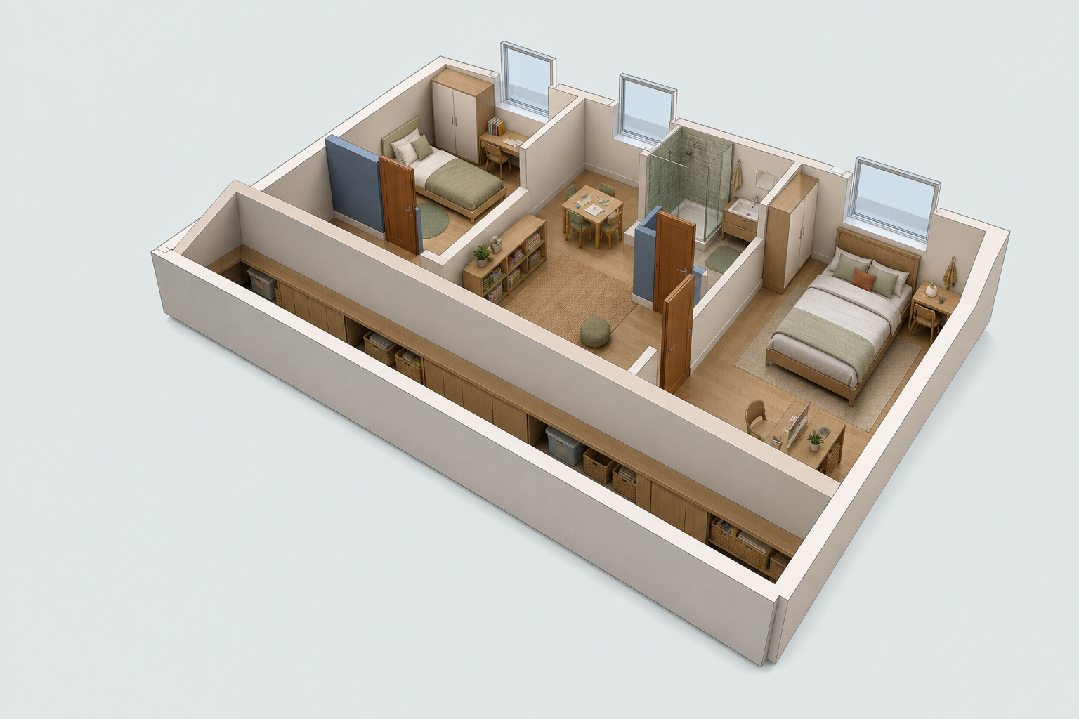 Furnished upper-floor visualisation with bedrooms, bathroom and storage